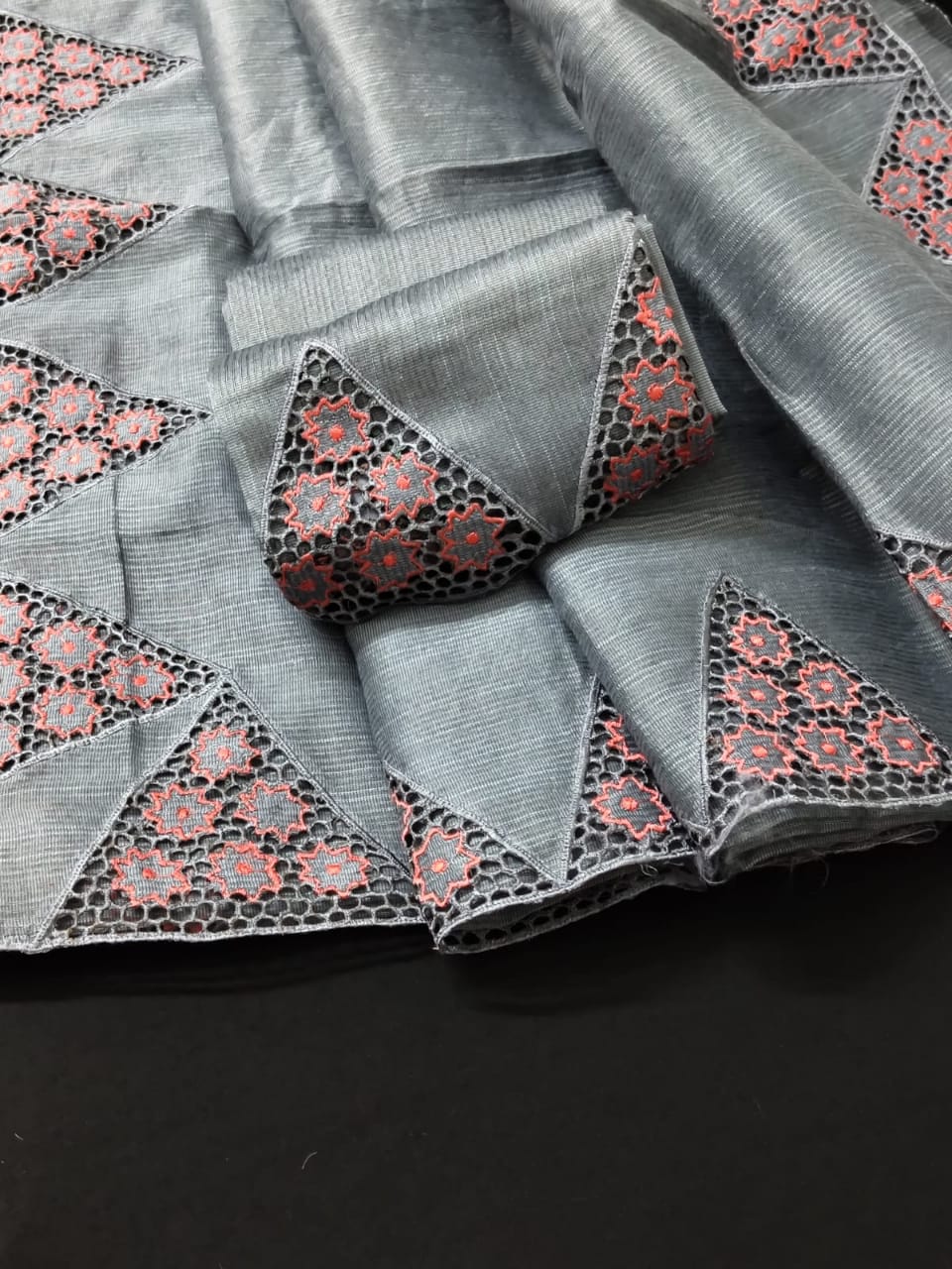 Grey silky kota cutwork embroidery designer sarees