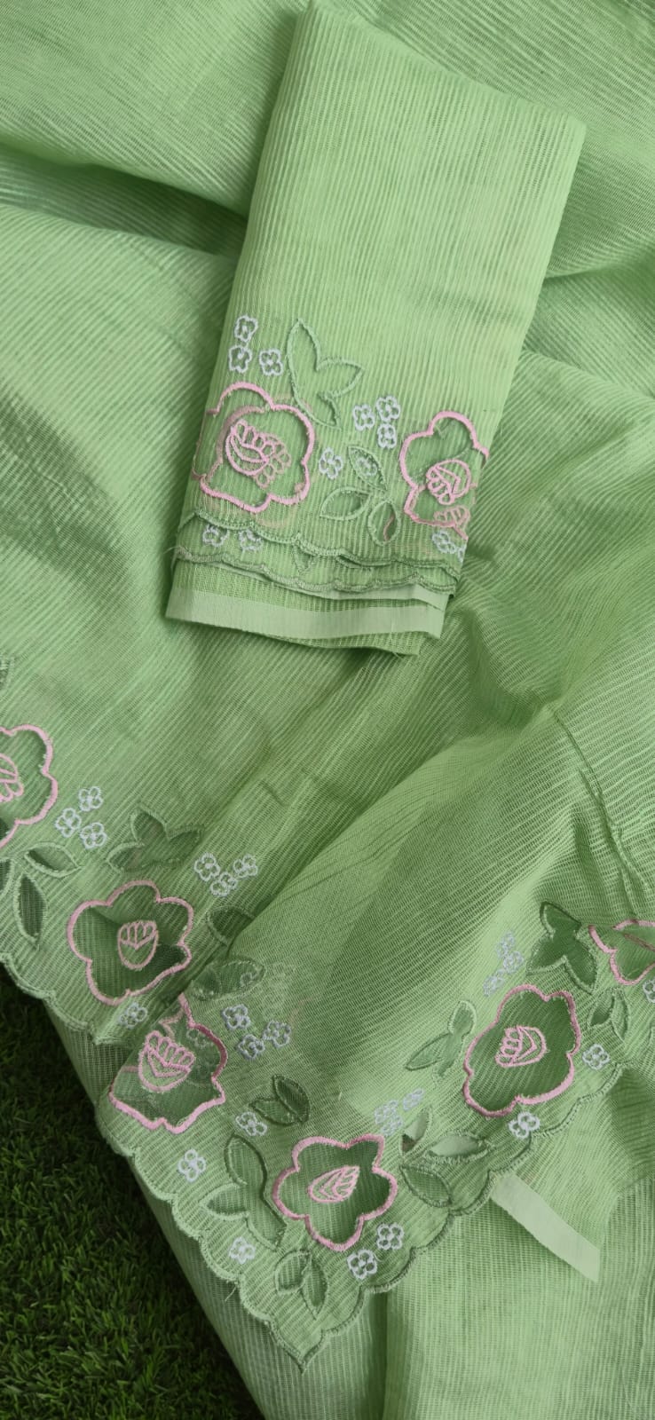 Premium Silky Kota embroidery designer applique sarees Light green Kota embroidery sarees