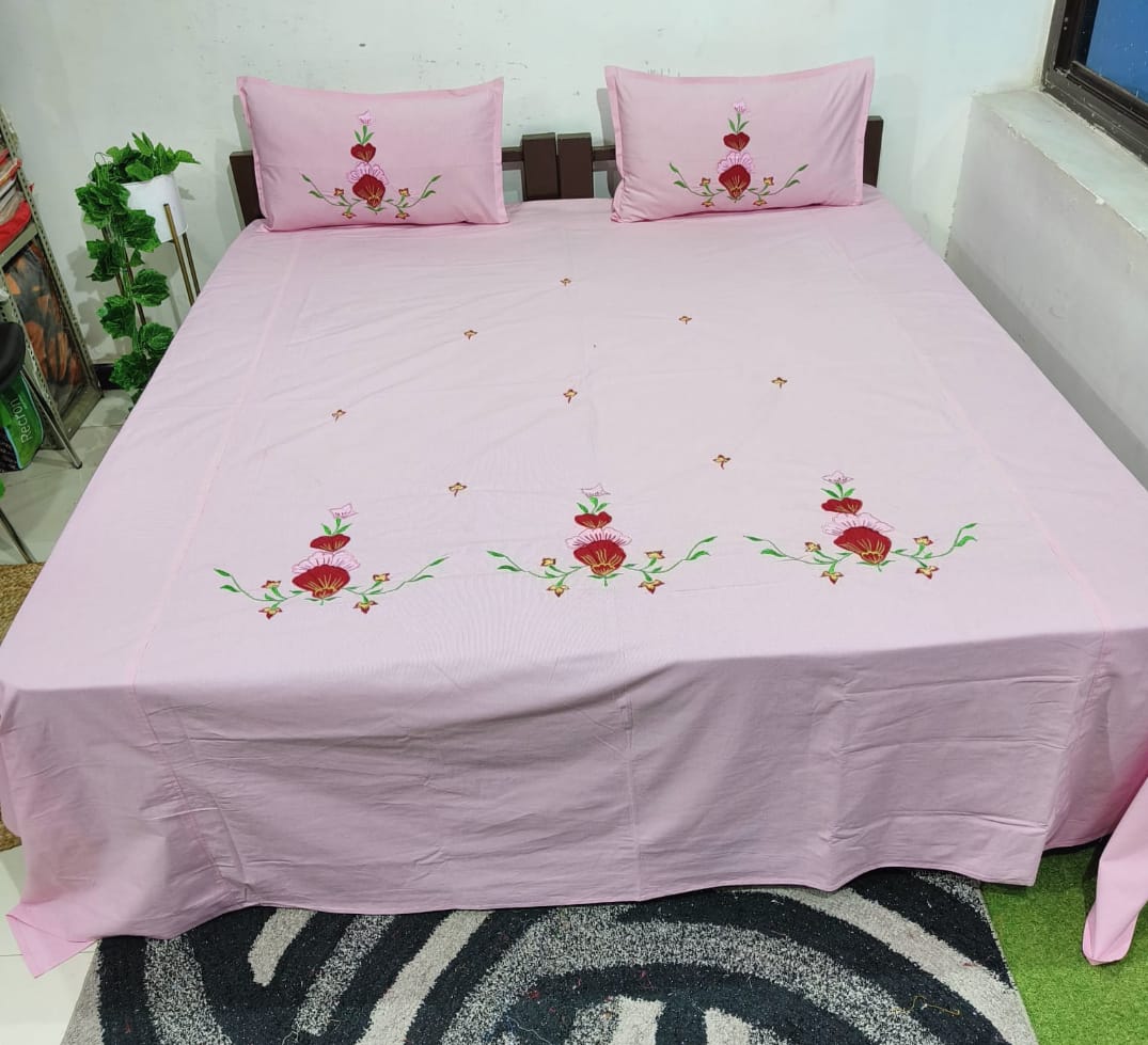 Premium pastel shades elegant Designer Embroidery Bedsheets Collection Pink red floral Bedsheets