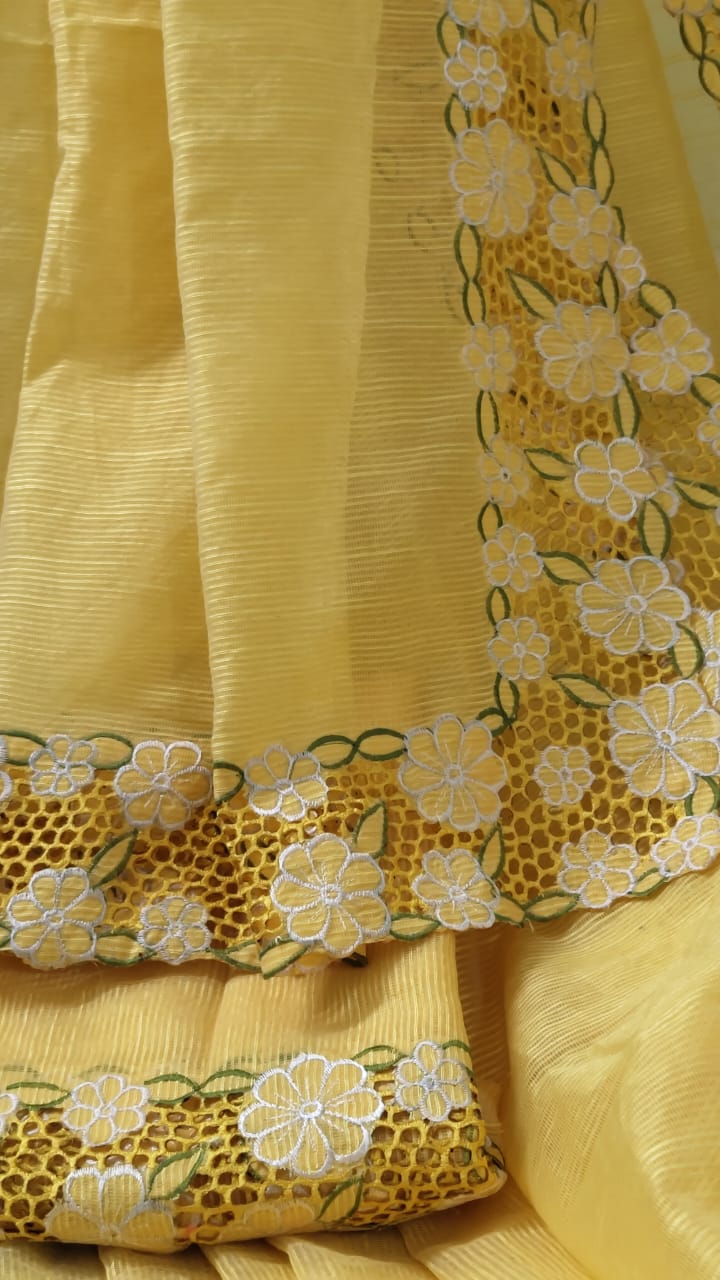 Yellow collection silky kota cutwork embroidery sarees Silky kota cutwork sarees