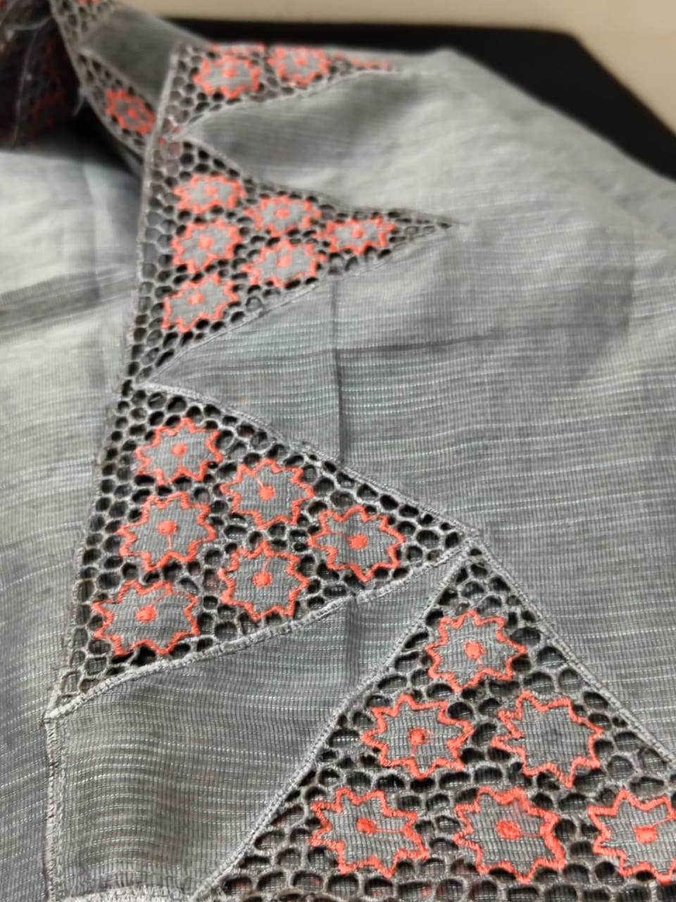 Grey silky kota cutwork embroidery designer sarees