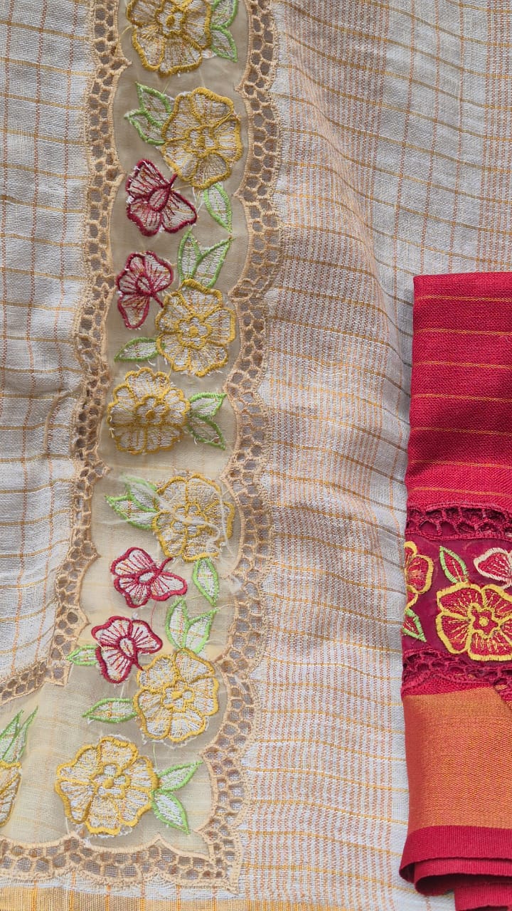 Pure Linen saree and blouse with organza border and applique work Kerala saree