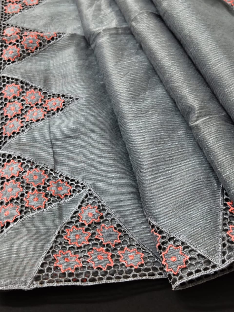 Grey silky kota cutwork embroidery designer sarees Dark grey