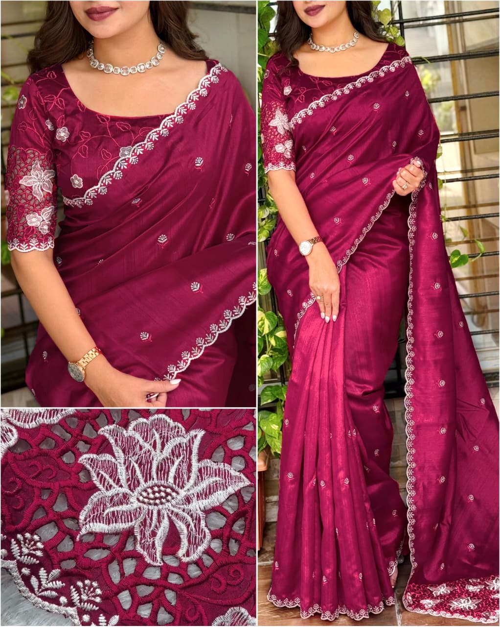 Beautiful cutwork embroidery on matkaa tussar silk sarees Vine Designer sarees collection
