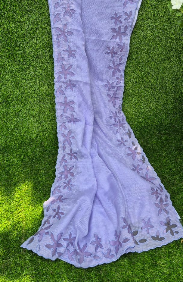 Silky Kota lavender saree and blouse with organza border and applique work Organza