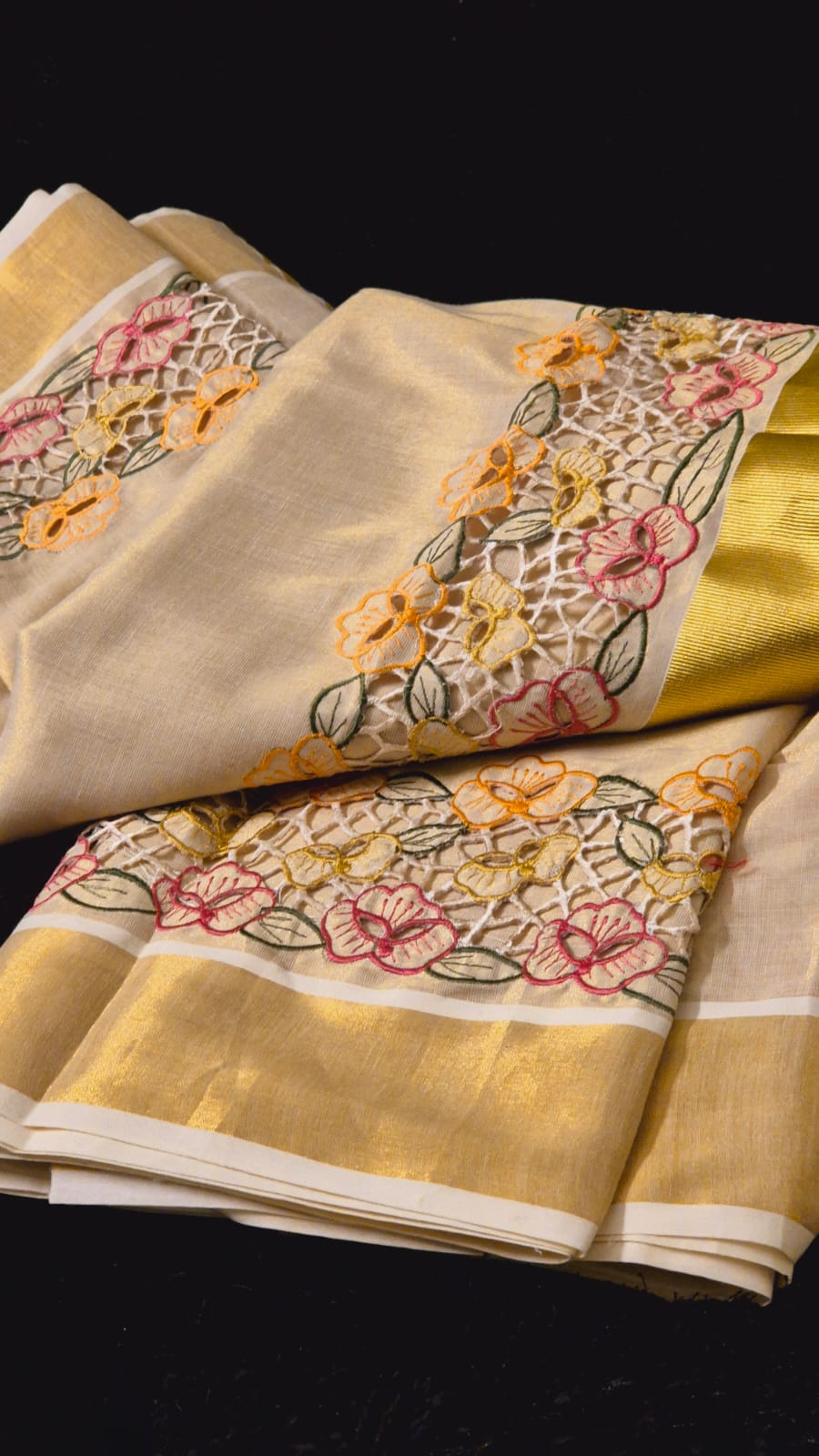 Beautiful Tissue cotton kerala saree and blouse with Full border cutwork on saree and blouse sleeves Kerala saree