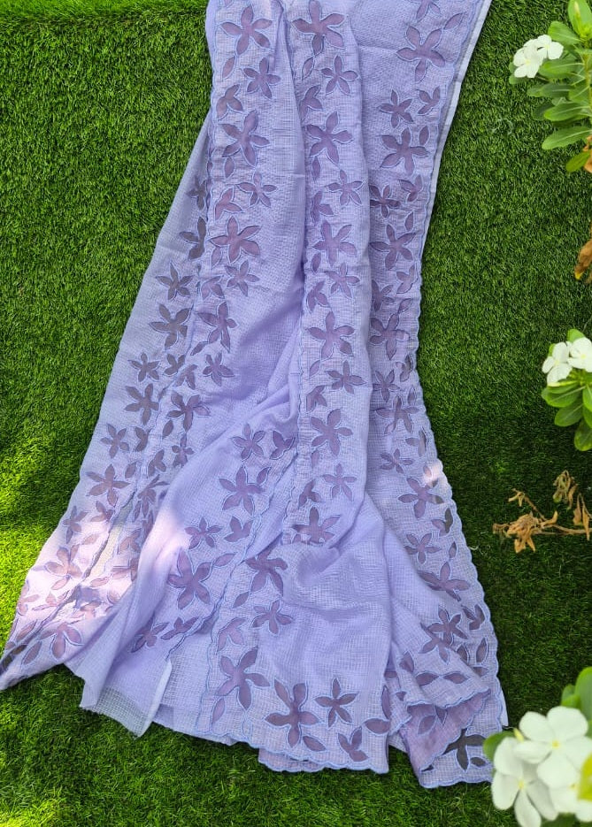 Silky Kota lavender saree and blouse with organza border and applique work Lavender Organza