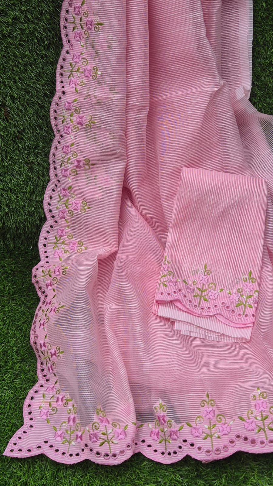 Pink floral embroidery premium sarees collection Silky kota cutwork sarees