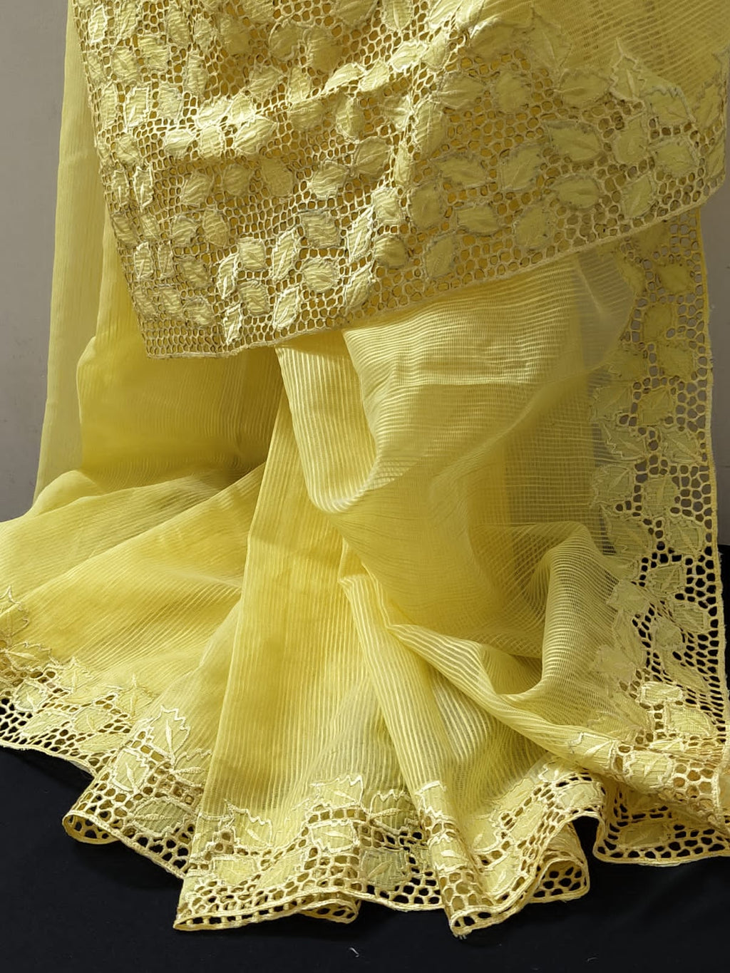 Yellow collection silky kota thick cutwork embroidery sarees Silky kota cutwork sarees