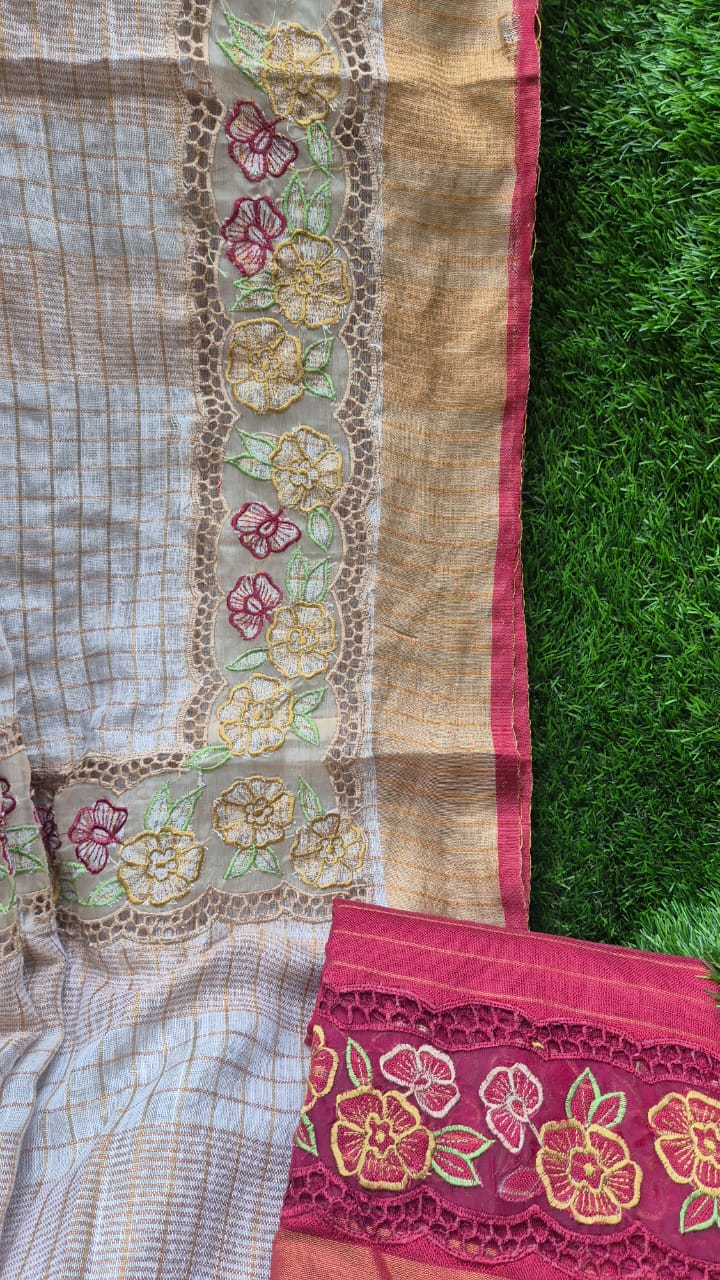 Pure Linen saree and blouse with organza border and applique work Off white Kerala saree