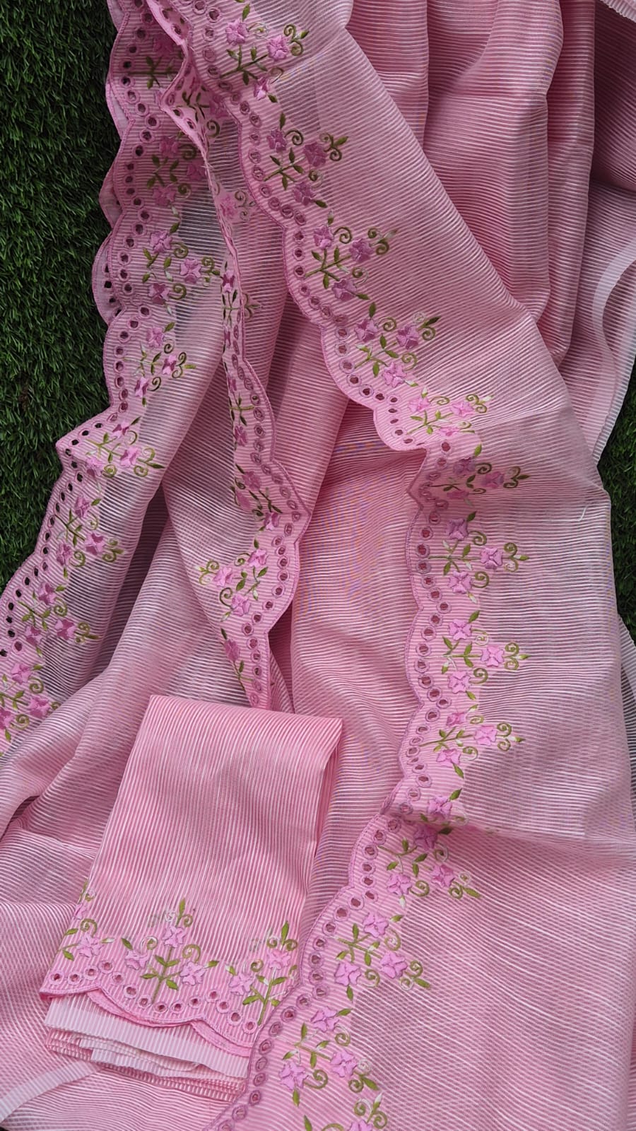 Pink floral embroidery premium sarees collection Silky kota cutwork sarees