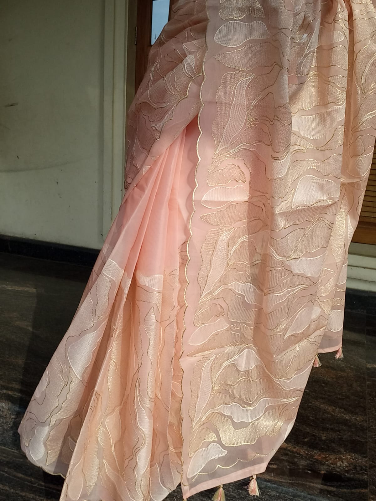 Exclusive peach Turkish organza type premium saree Orange peach Organza