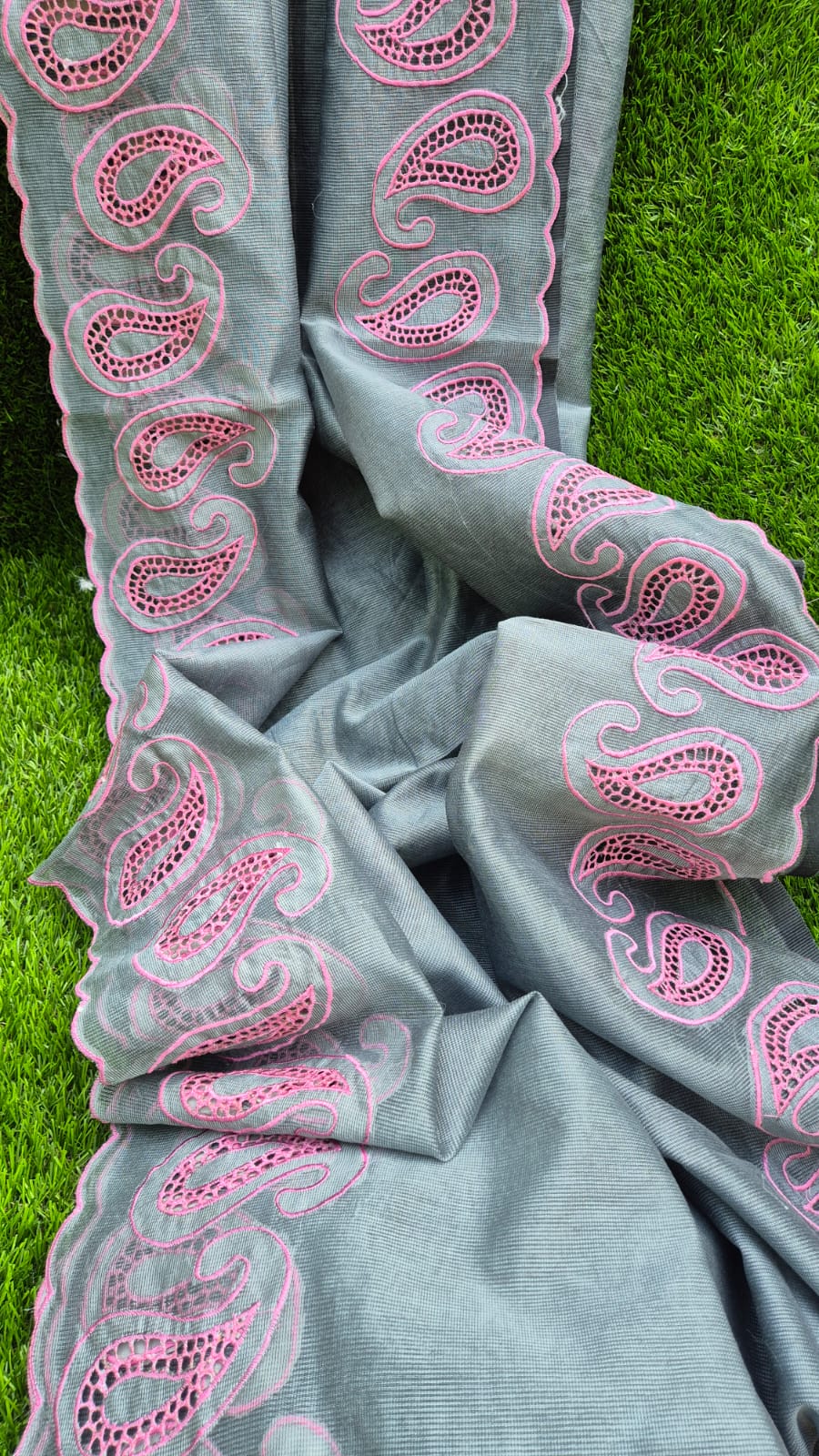 Grey red cutwork embroidery premium sarees collection Silky kota cutwork sarees