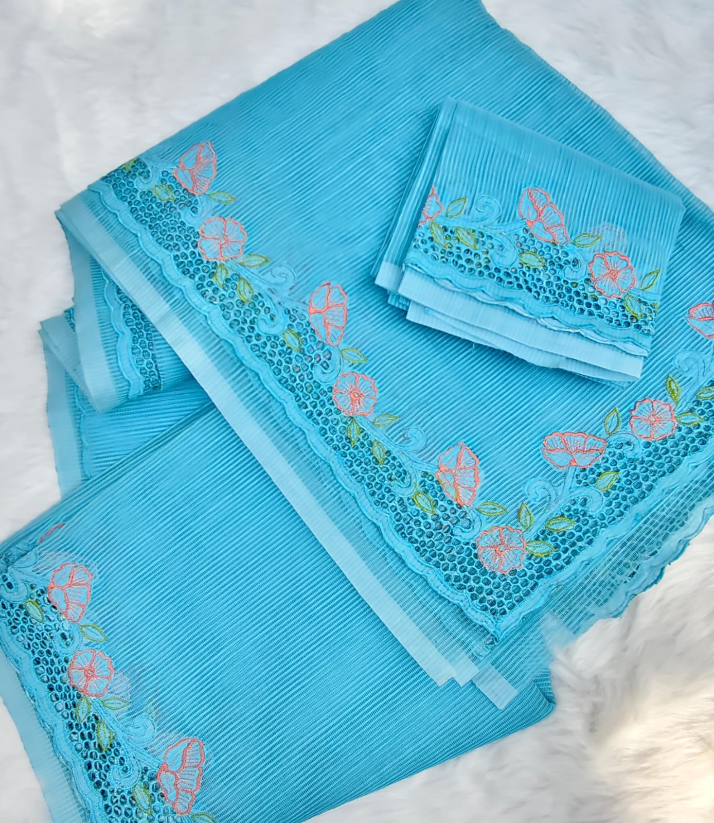Blue floral cutwork embroidery premium sarees collection