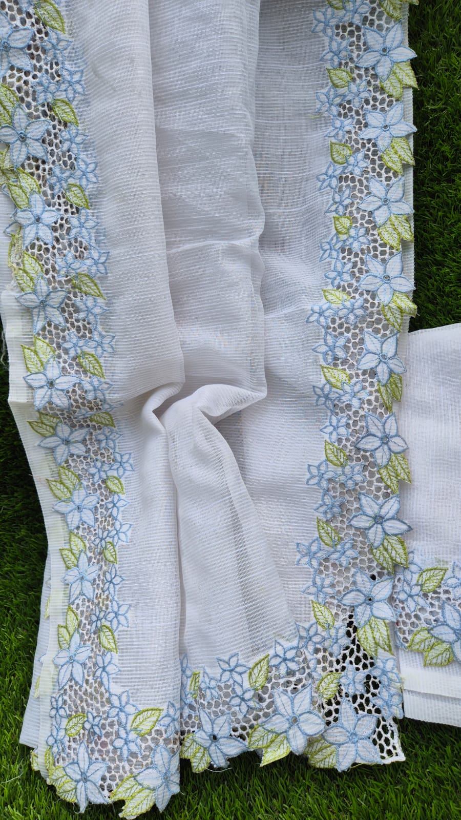 White floral cutwork embroidery premium sarees collection Silky kota cutwork sarees
