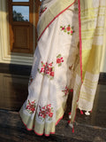 Pure Linen by Linen Saree with full embroidery White Linen saree
