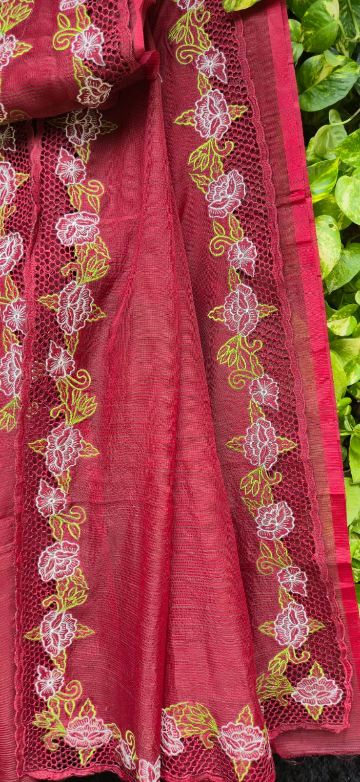 Boutique collection red cutwork embroidery premium sarees collection Silky kota cutwork sarees