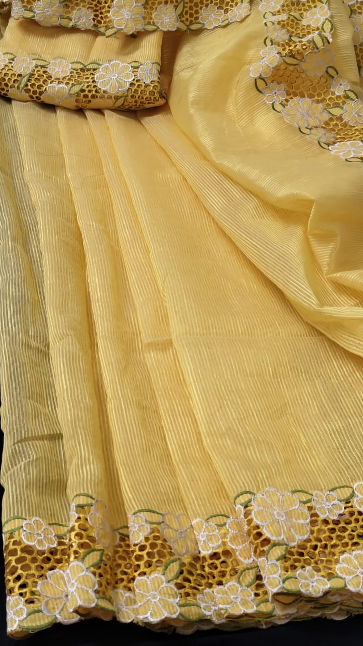 Yellow collection silky kota cutwork embroidery sarees Silky kota cutwork sarees