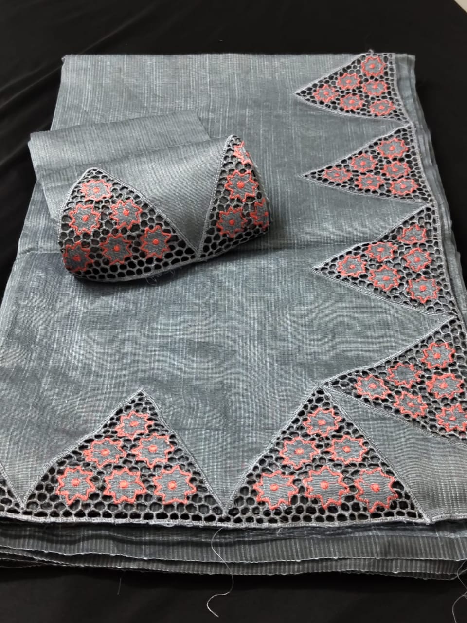 Grey silky kota cutwork embroidery designer sarees