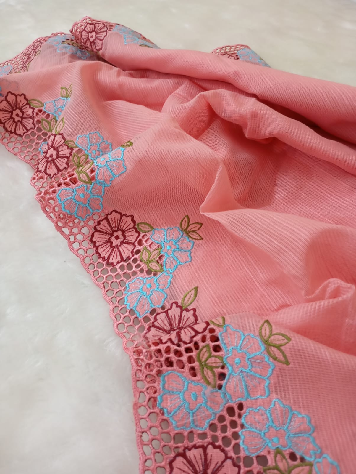 Peach beauty collection silky kota cutwork embroidery sarees Silky kota cutwork sarees