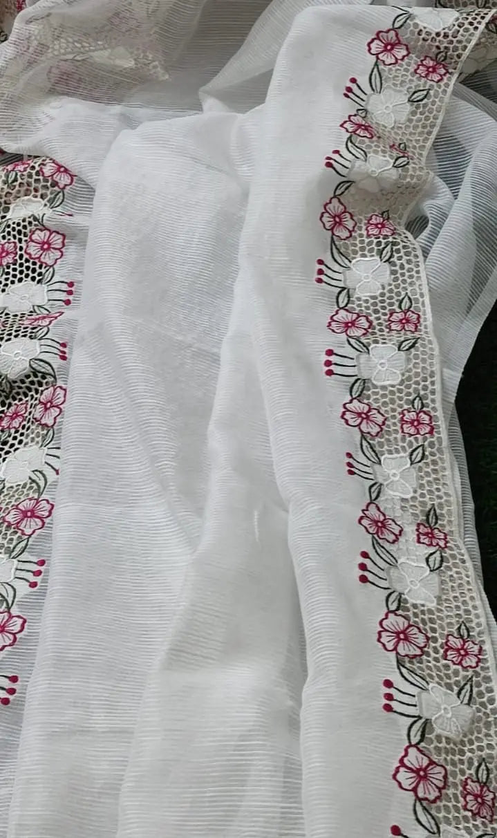 Exclusive cutwork embroidery designer sarees White