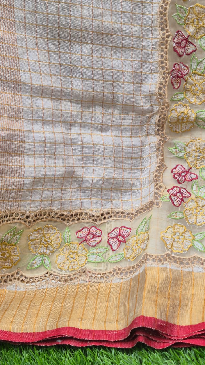 Pure Linen saree and blouse with organza border and applique work Kerala saree