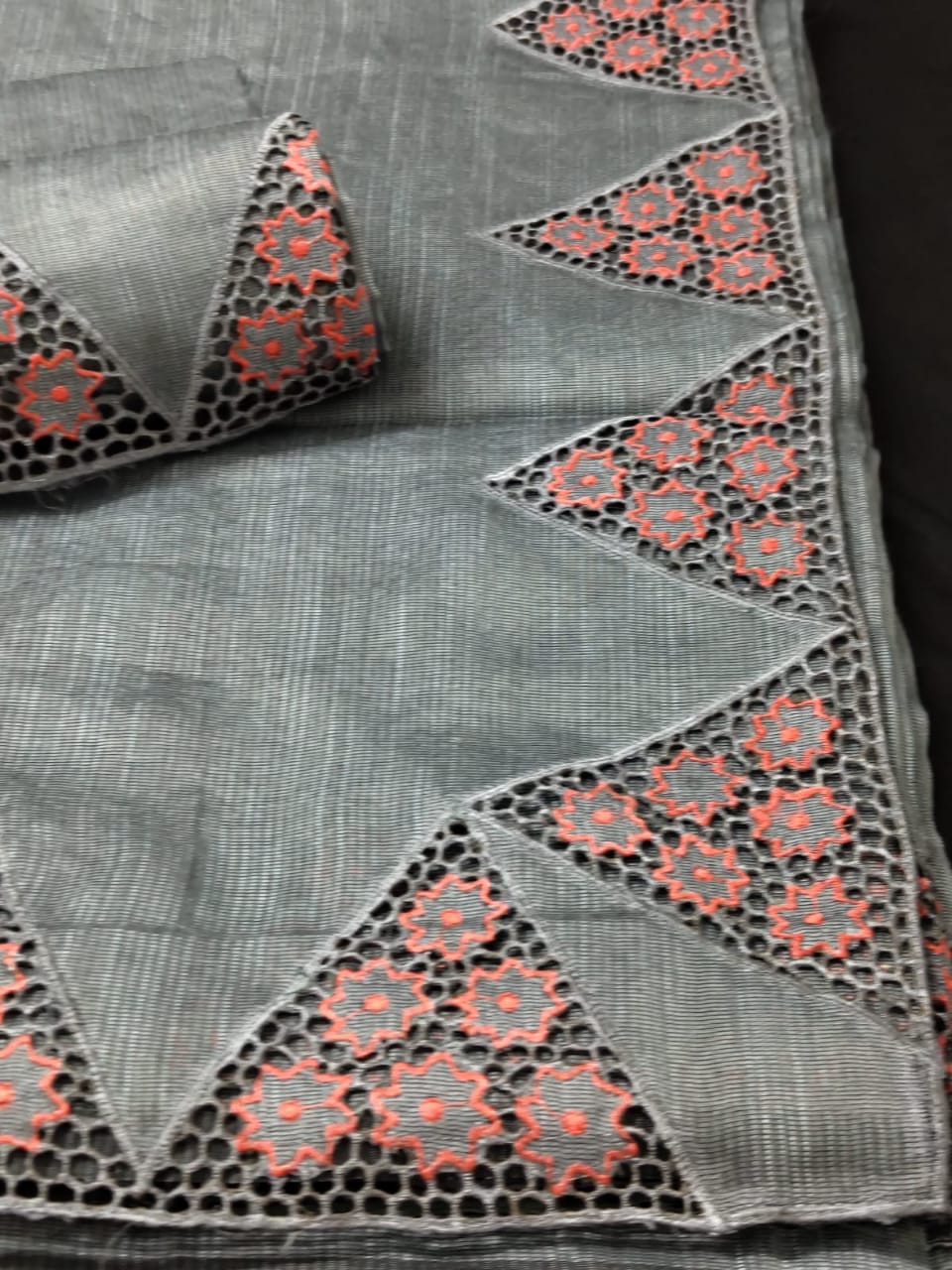 Grey silky kota cutwork embroidery designer sarees