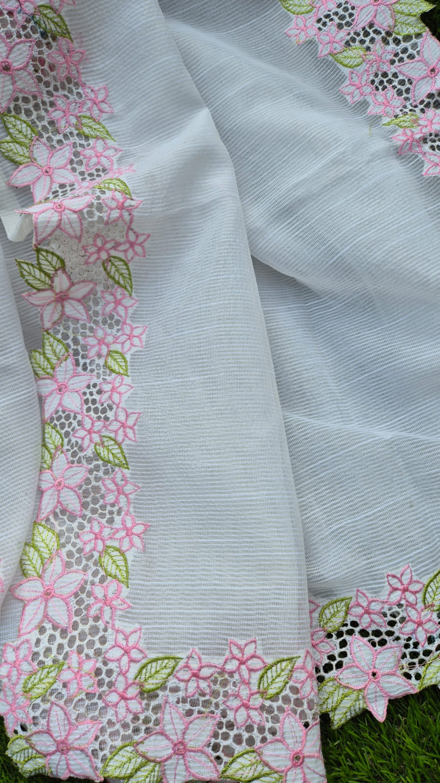 White floral beautiful cutwork embroidery premium sarees collection Silky kota cutwork sarees