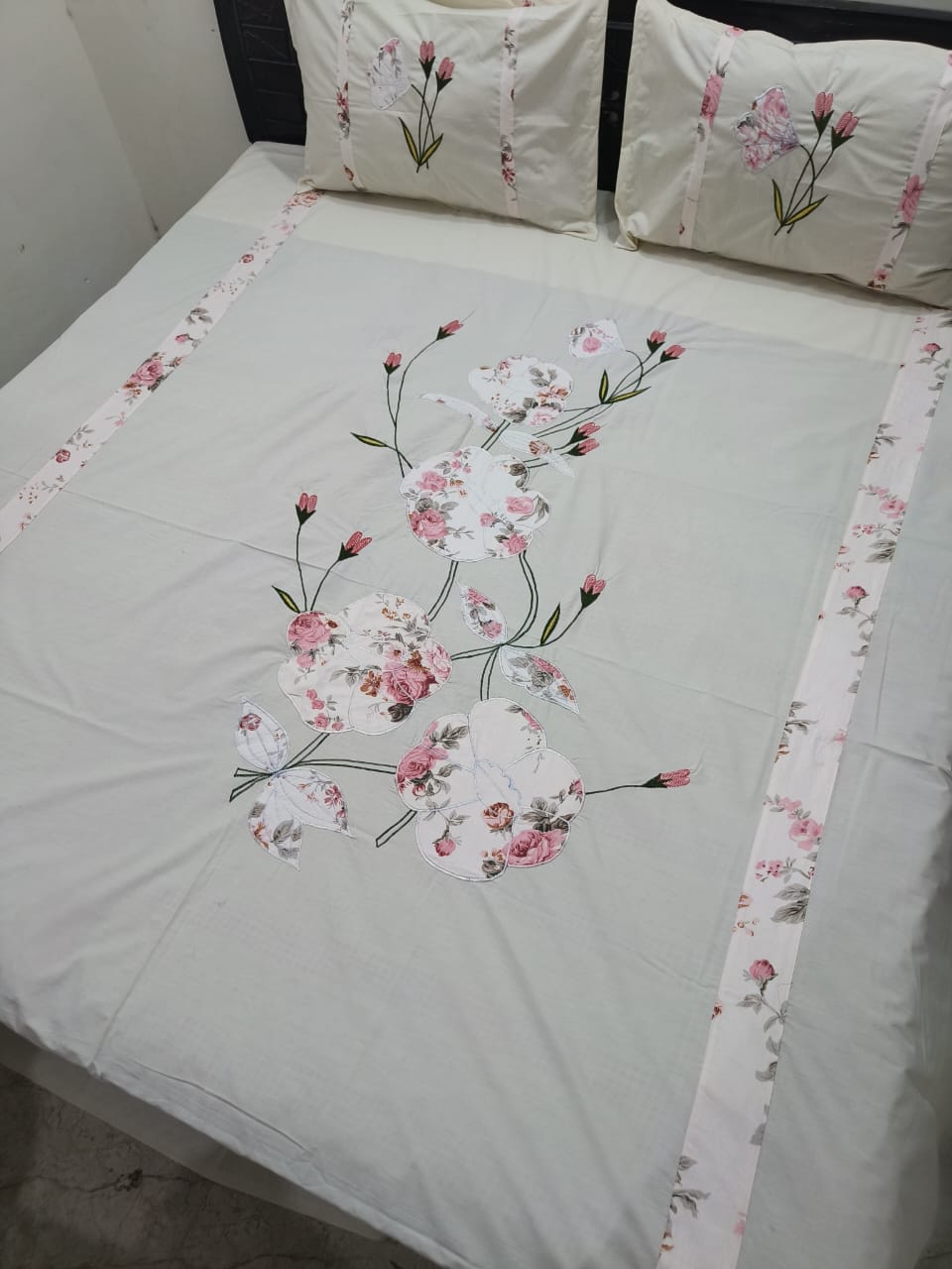Premium pastel shades patch Designer Embroidery Bedsheets Collection Green floral Bedsheets