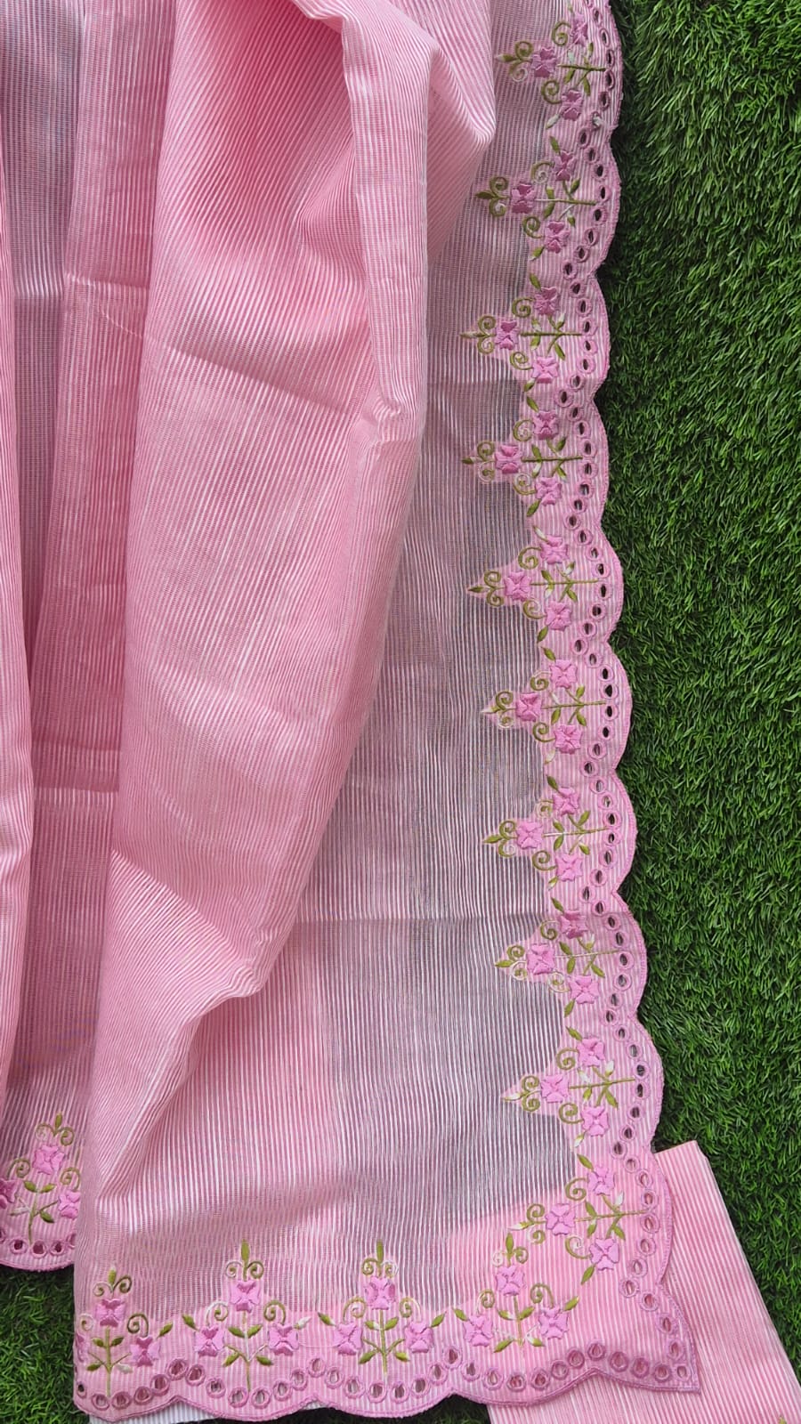 Pink floral embroidery premium sarees collection Silky kota cutwork sarees