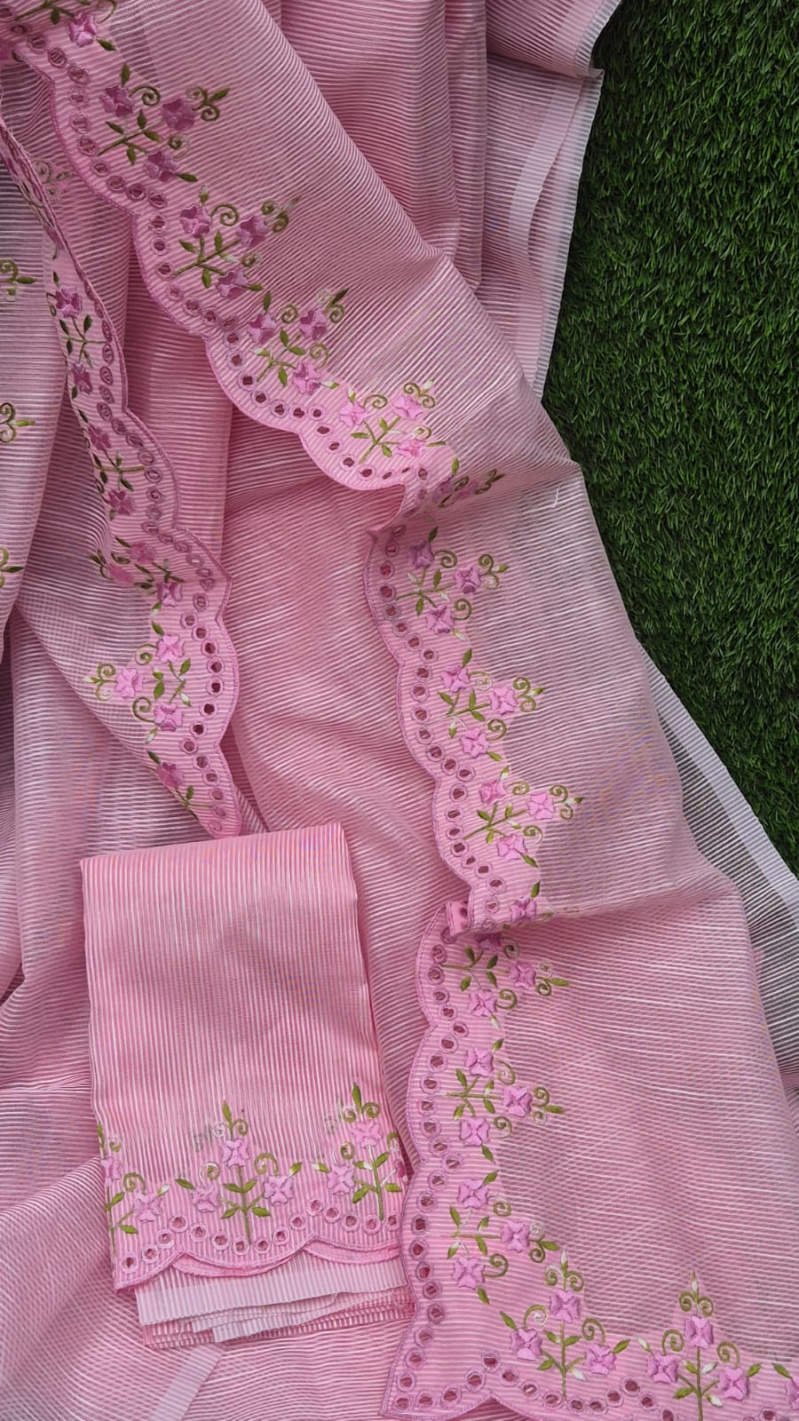 Pink floral embroidery premium sarees collection Silky kota cutwork sarees