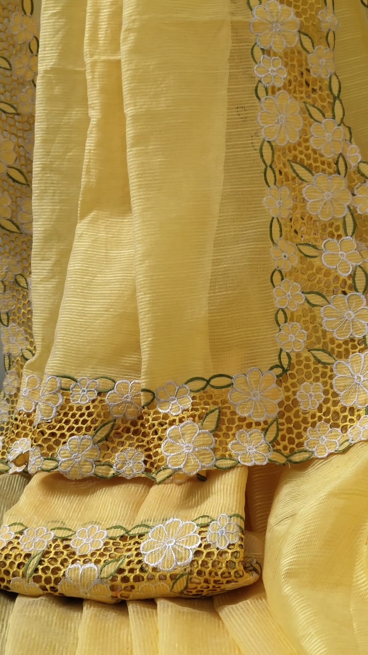 Yellow collection silky kota cutwork embroidery sarees Silky kota cutwork sarees