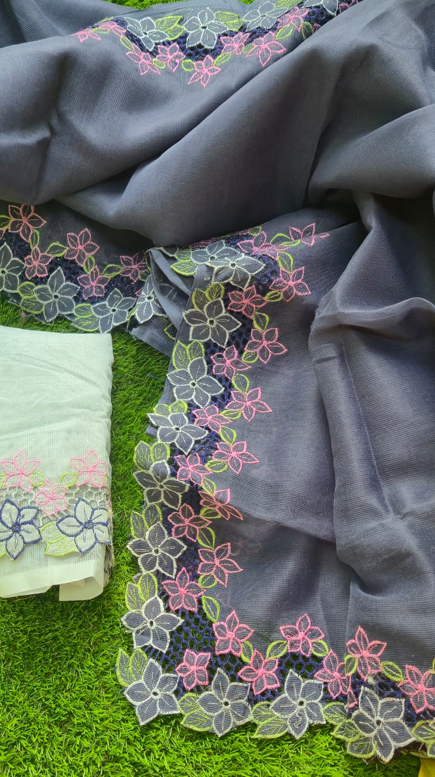 Boutique collection grey cutwork embroidery premium sarees collection Silky kota cutwork sarees
