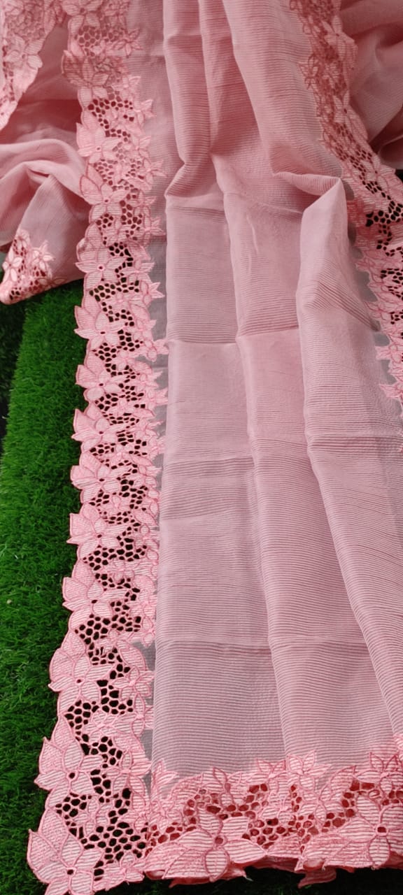 Boutique collection silky kota cutwork embroidery sarees Peach Silky kota cutwork sarees