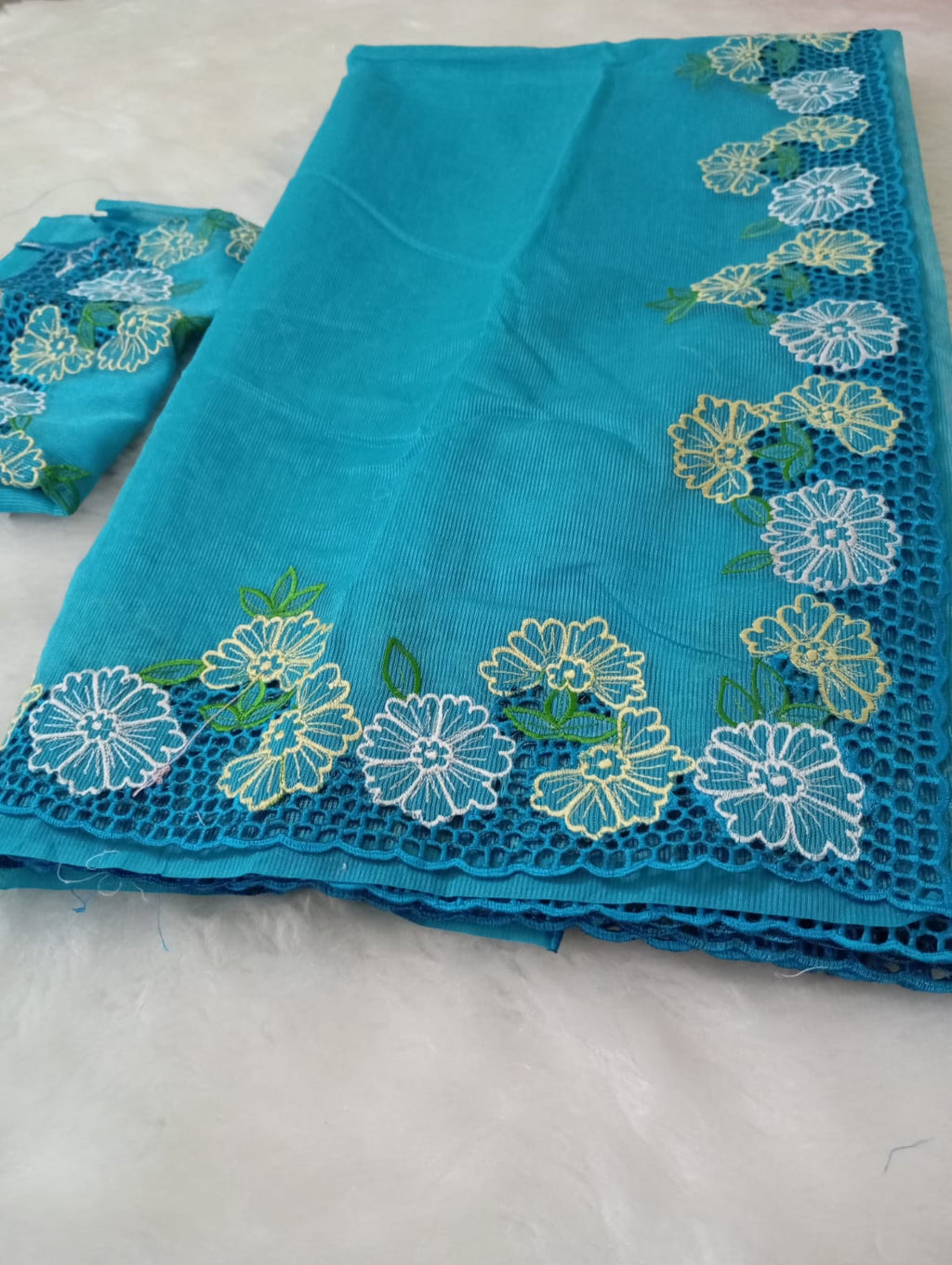 Blue green floral cutwork embroidery premium sarees collection