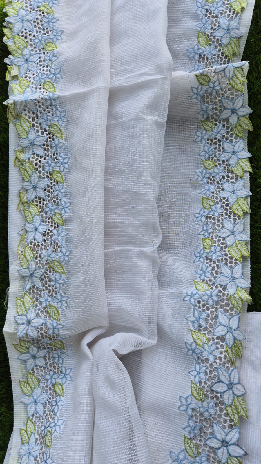White floral cutwork embroidery premium sarees collection Silky kota cutwork sarees