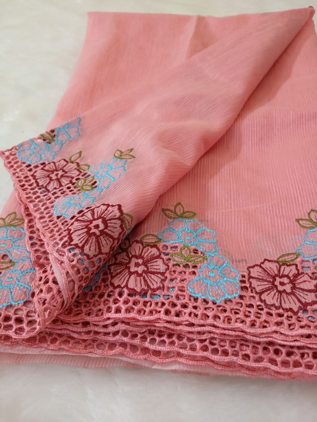 Peach beauty collection silky kota cutwork embroidery sarees Peach Silky kota cutwork sarees