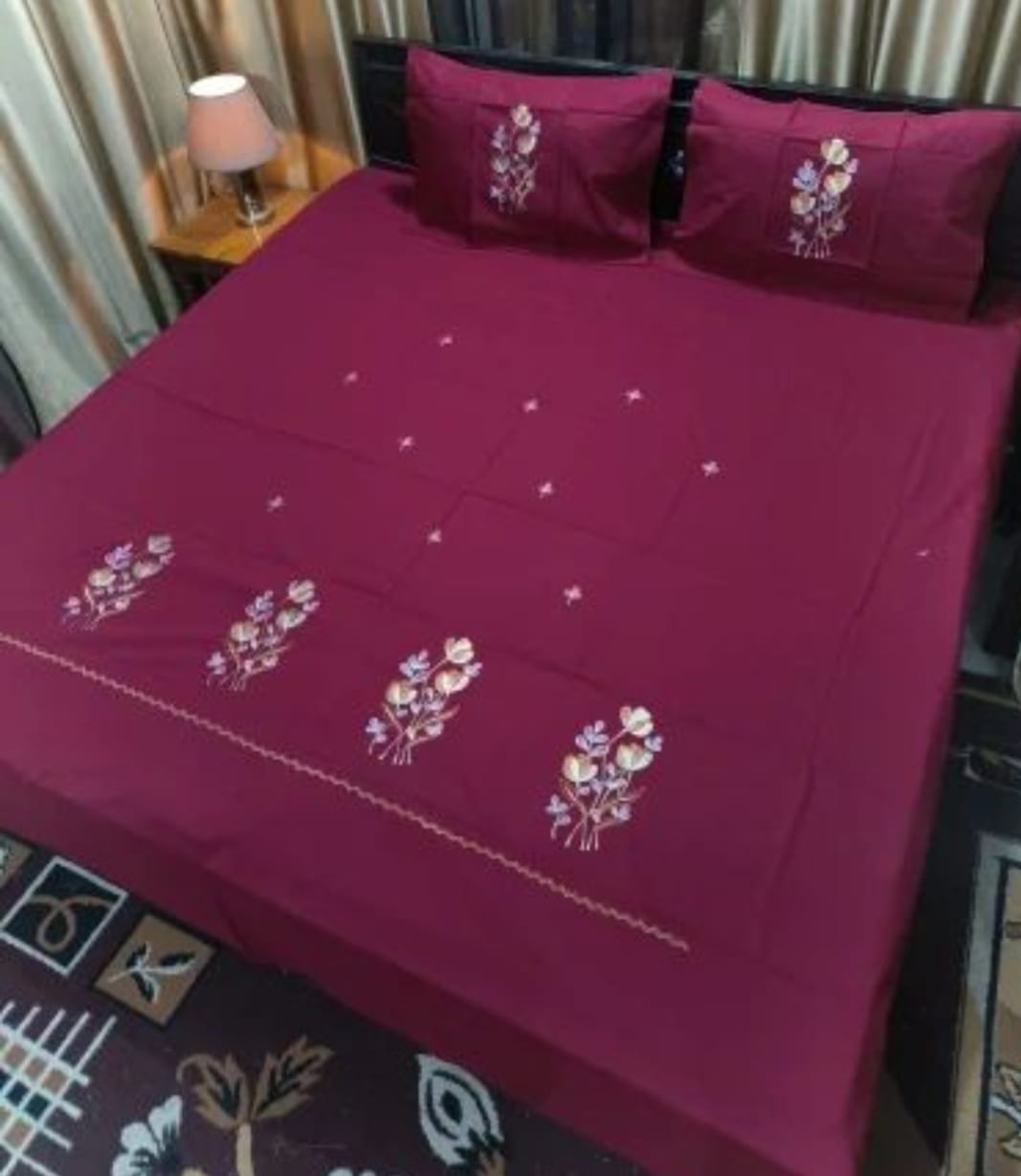 Premium Red Christmas Designer Embroidery Bedsheets Collection Reddish meroon Bedsheets