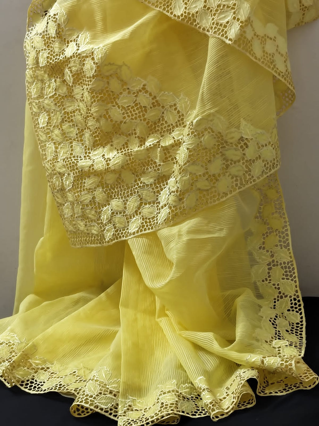 Yellow collection silky kota thick cutwork embroidery sarees Silky kota cutwork sarees