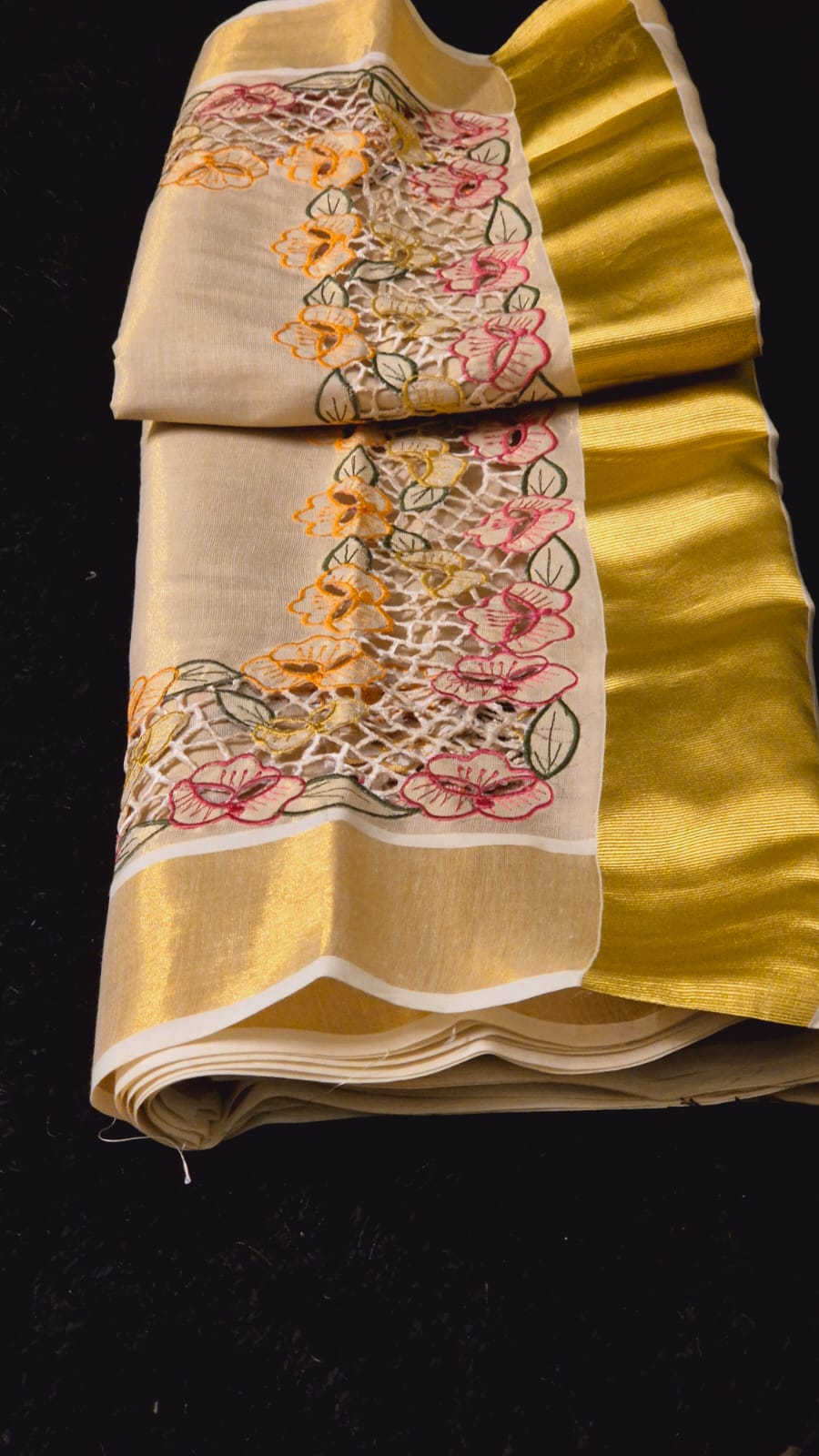 Beautiful Tissue cotton kerala saree and blouse with Full border cutwork on saree and blouse sleeves Kerala saree