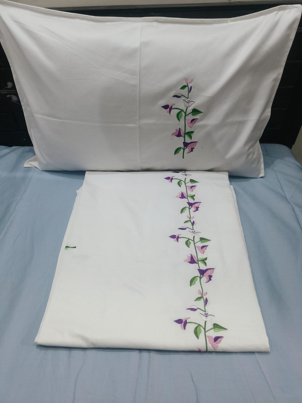Premium pastel shades patch Designer Embroidery Bedsheets Collection White small floral Bedsheets