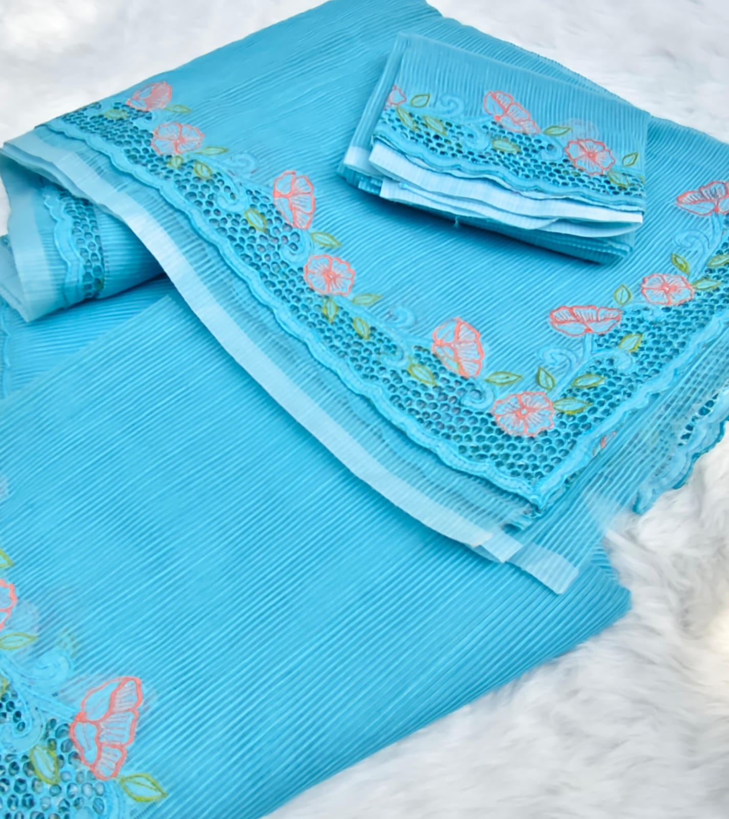 Blue floral cutwork embroidery premium sarees collection