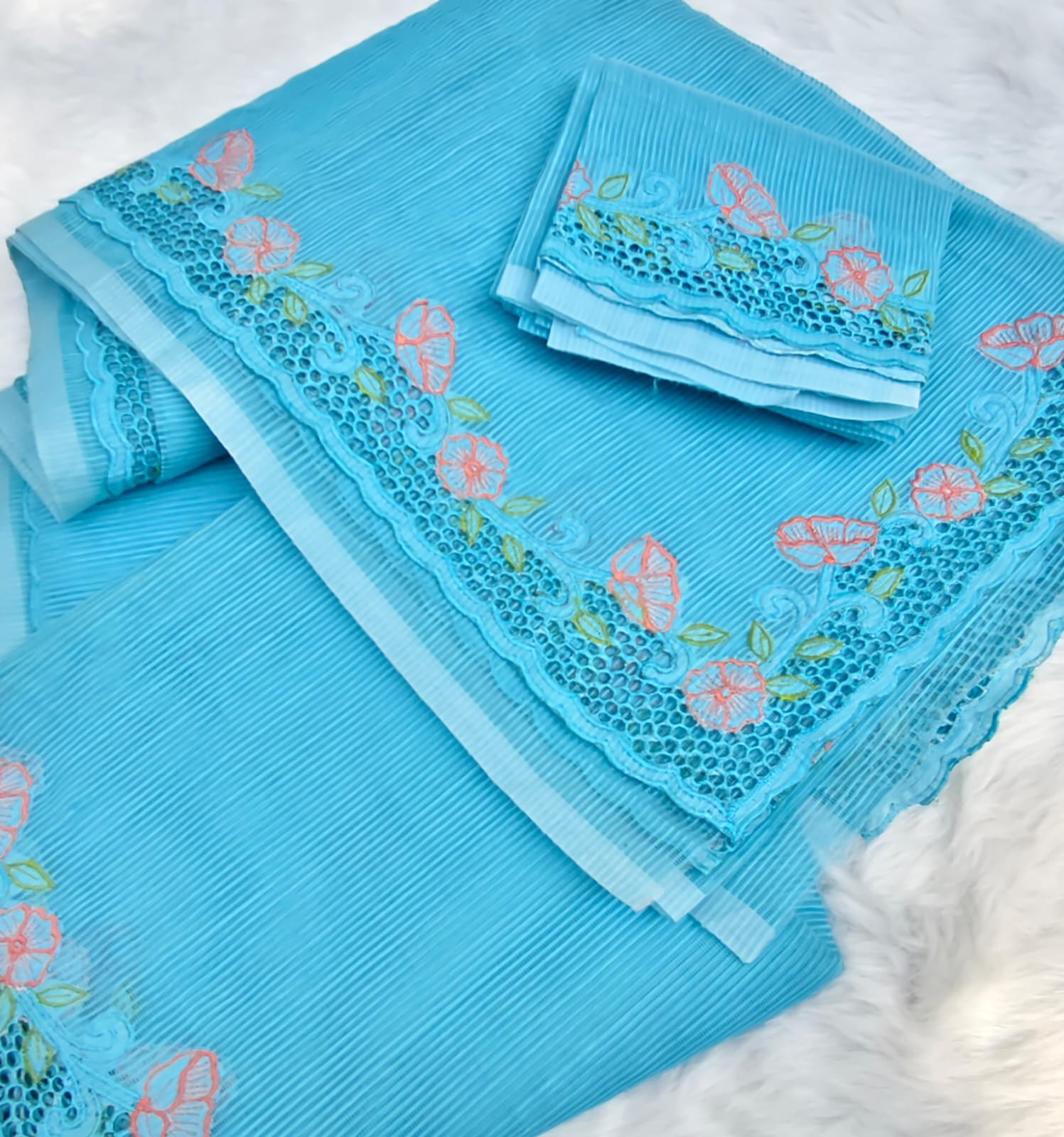 Blue floral cutwork embroidery premium sarees collection