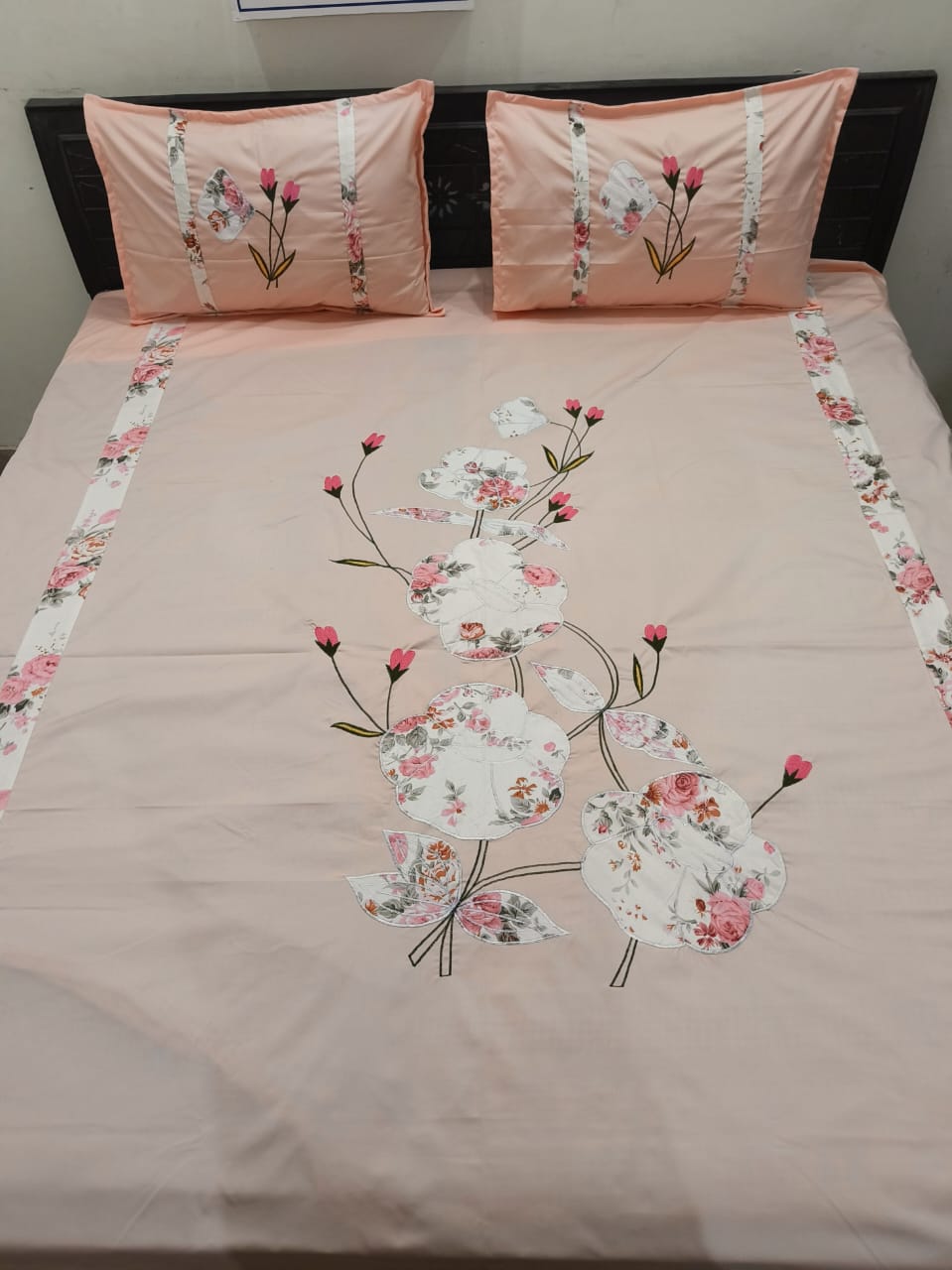 Premium pastel shades patch Designer Embroidery Bedsheets Collection Peach floral Bedsheets