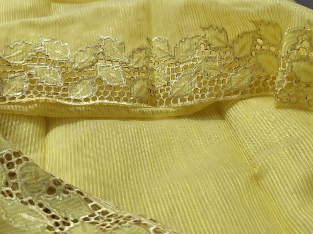 Yellow collection silky kota thick cutwork embroidery sarees Silky kota cutwork sarees