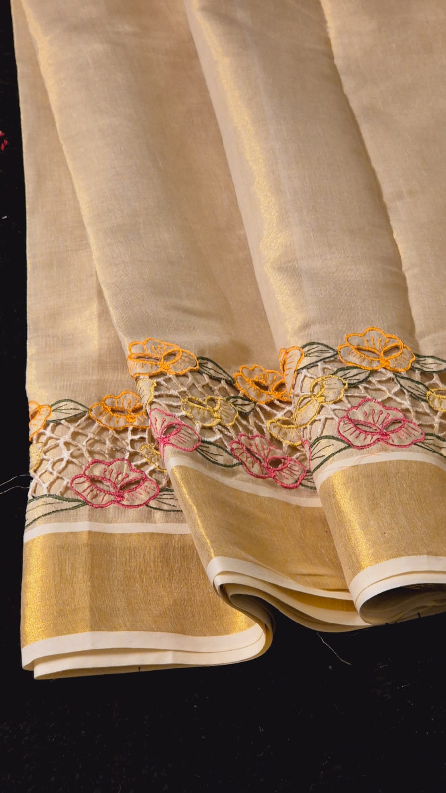 Beautiful Tissue cotton kerala saree and blouse with Full border cutwork on saree and blouse sleeves Kerala saree
