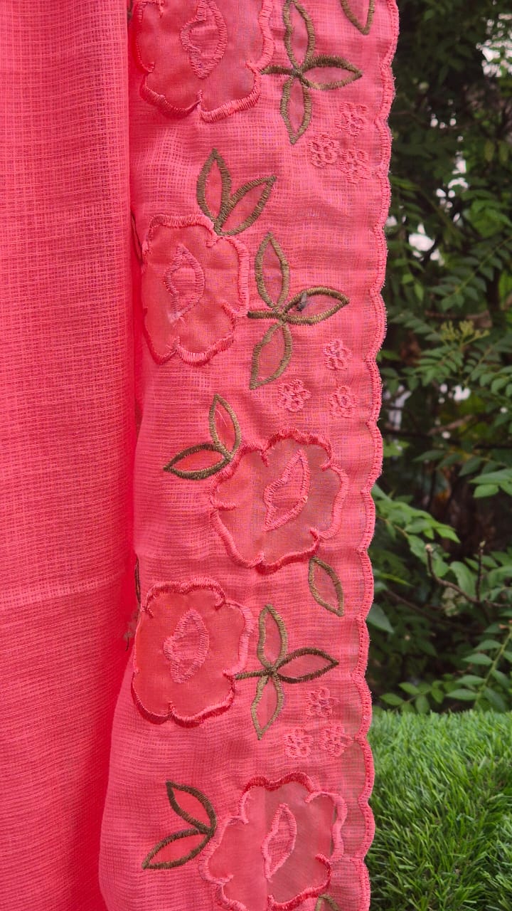 Silky Kota saree and blouse with organza border and applique work Kota embroidery sarees
