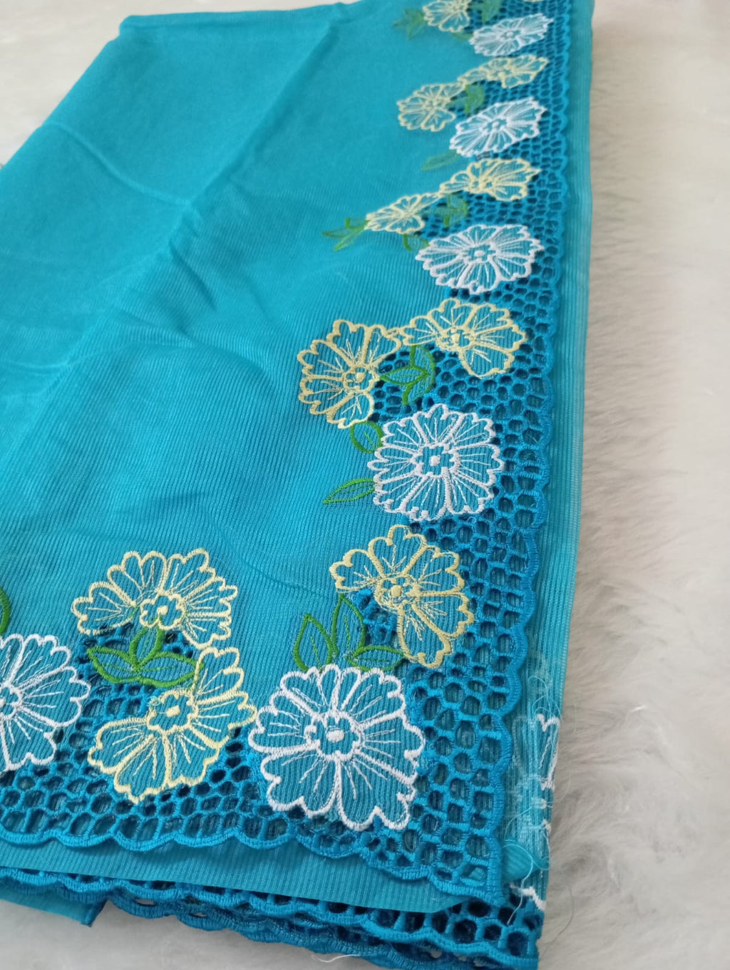 Blue green floral cutwork embroidery premium sarees collection Blue