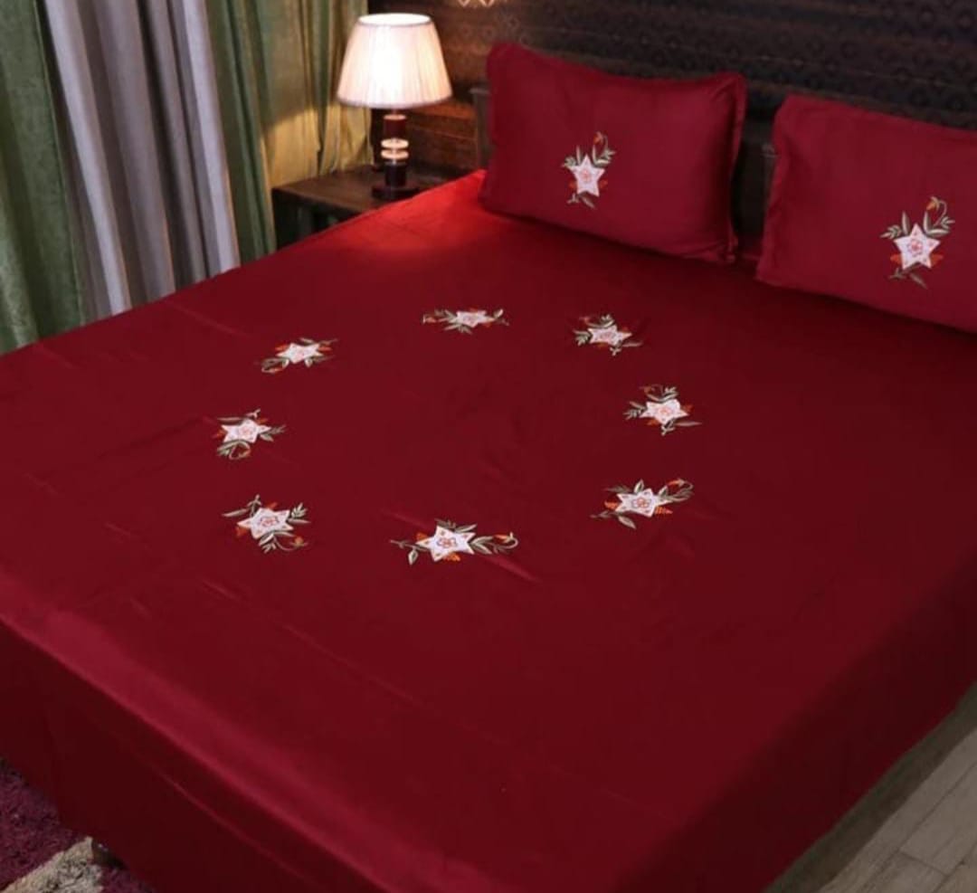Premium Red Ring Floral Designer Embroidery Bedsheets Collection Red Green Bedsheets