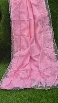 Silky Kota saree and blouse with organza border and applique work Pink red Organza